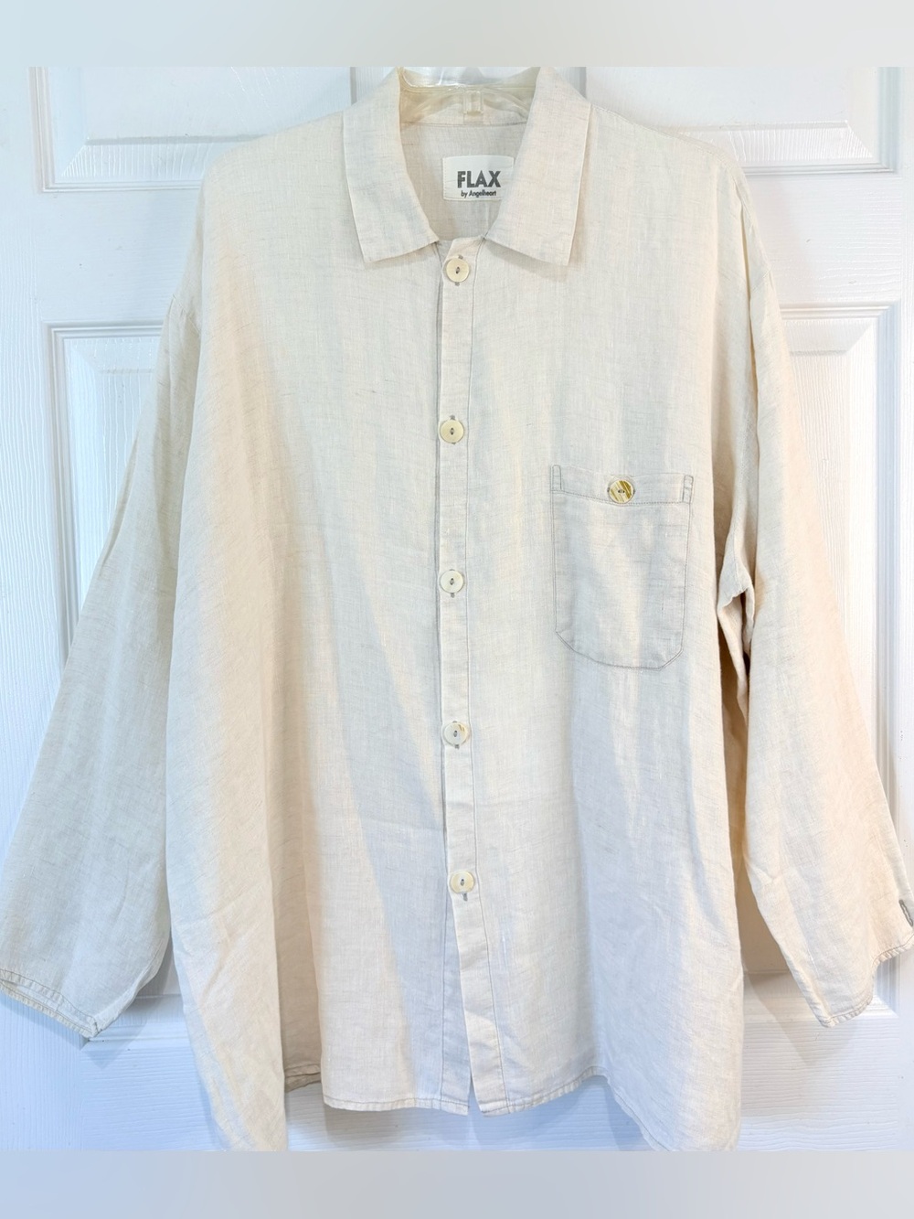 FLAX By Angelheart Womens Button Down Tan Linen Oversized Shirt Plus 2X